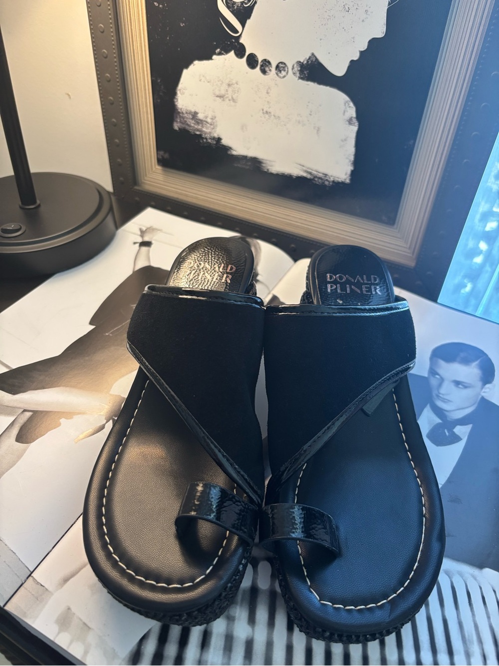 Donald J. Pliner Black Leather Toe-Loop Thong Sandals